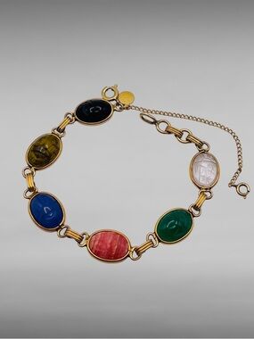 Vintage B&H Egyptian Revival Genuine Gemstones Scarab Bracelet 12K Gold Filled